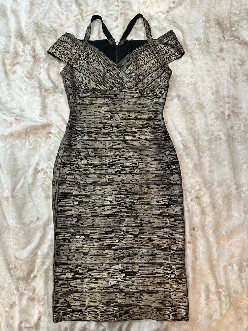 Metallic Black and Gold Bodycon Bandage Off-Shoulder Dress